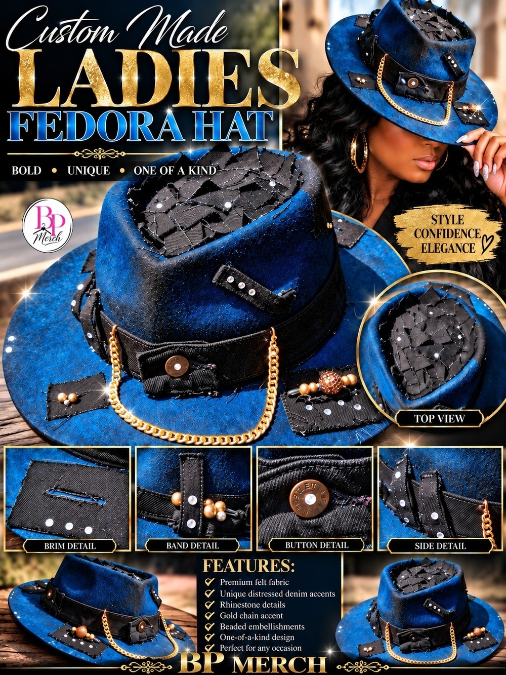 Custom Made Ladies Blue & Black Fedora Hat